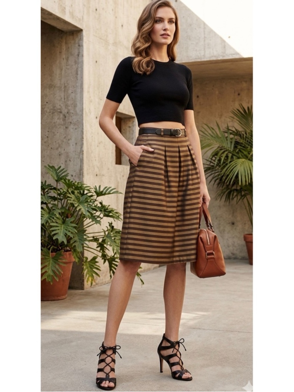 Madewell Stripe Black and Brown Linen/Silk Lined Pockets Office Holiday Skirt XS